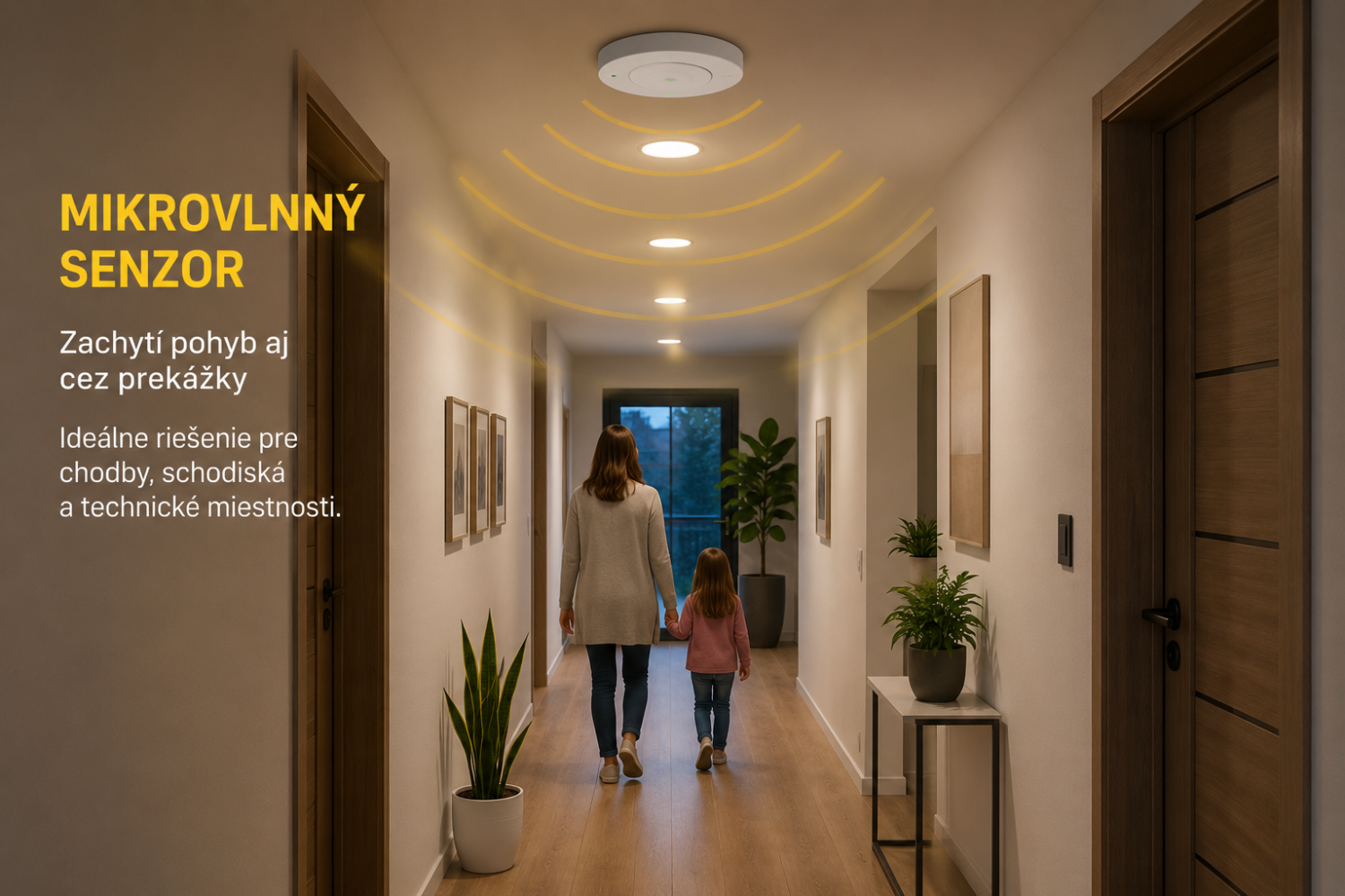 Automatické osvetlenie chodby s mikrovlnným senzorom pohybu a stropnými LED svietidlami