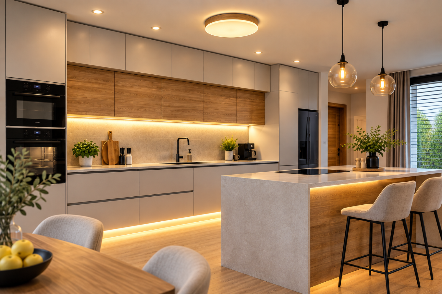Moderná kuchyňa s ukážkou rozmiestnenia stropného, závesného, zapusteného a LED osvetlenia