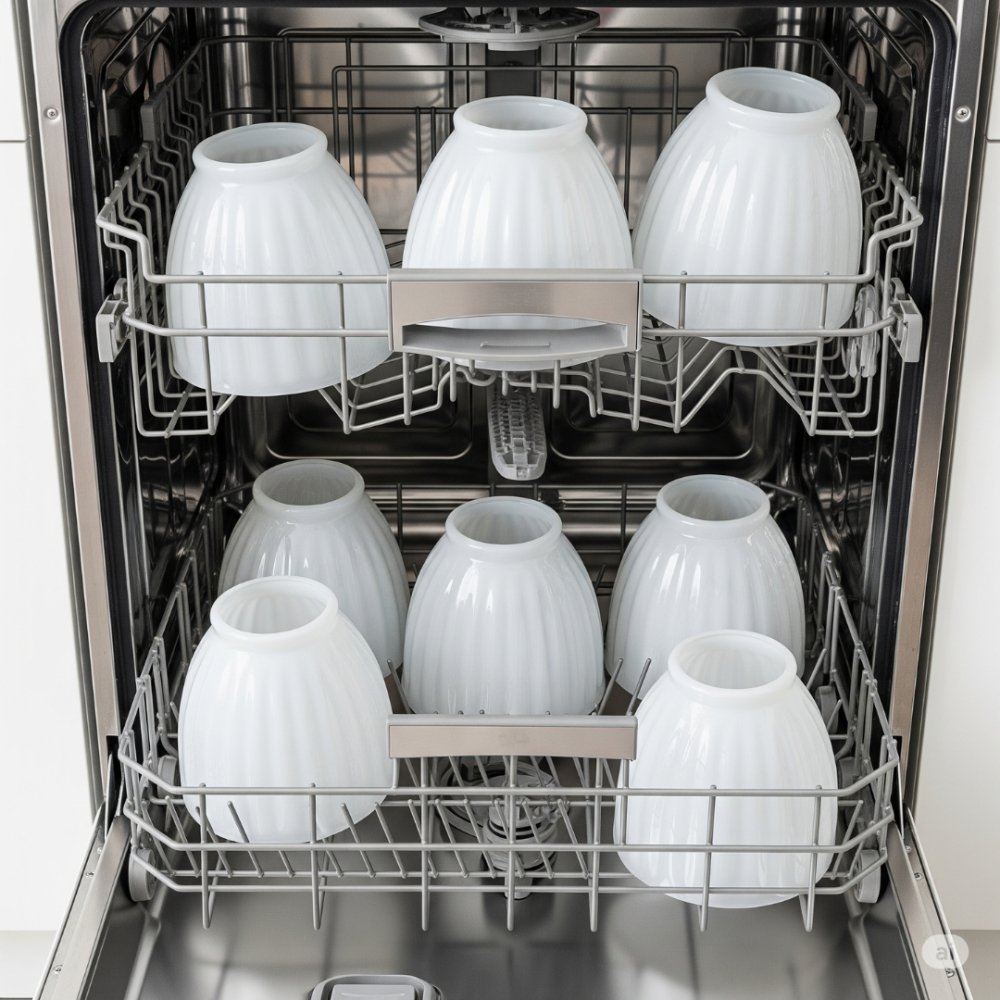Skleněná stínidla vložená do myčky nádobí připravená k mytí