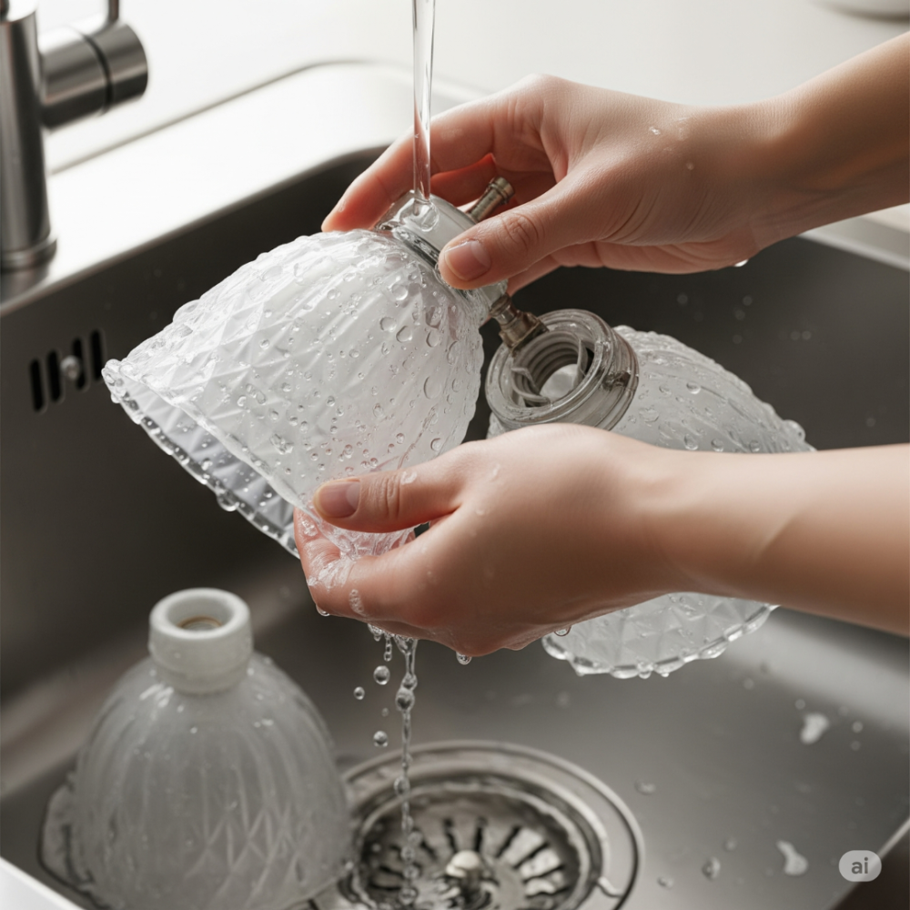 Skleněné průhledné stínidlo umývané v kuchyňském dřezu jemným saponátem