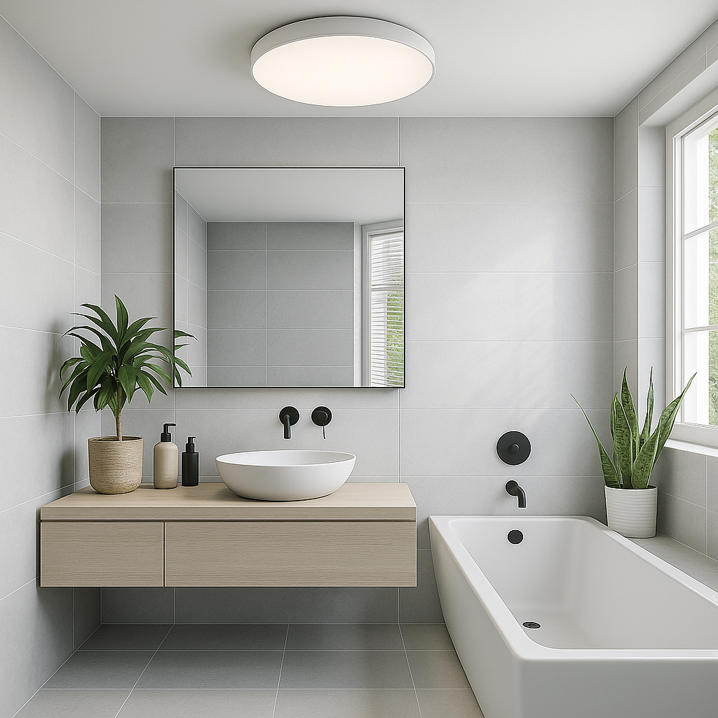 Moderní stropní LED svítidlo v koupelně se zrcadlem, vanou a umyvadlem