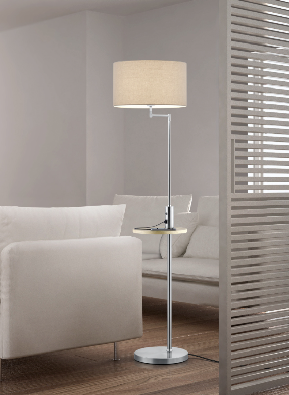 moderná minimalistická nadčasová stojacia lampa s bledým tienidlom a poličkou na telefón, knihu do obývacej izby 