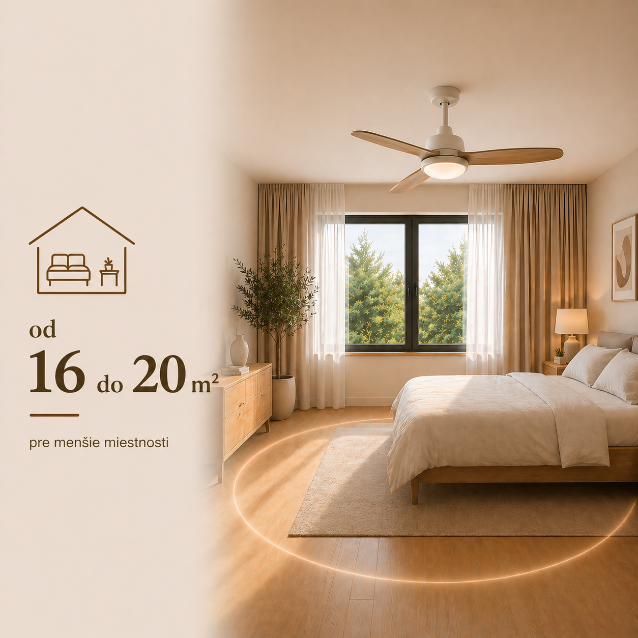 stropný biely ventilátor do obývacej izby s plochou od 16 metrov štvorcových do 20 metrov štvorcových