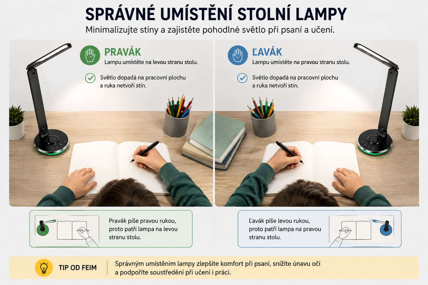 Správné umístění stolní lampy pro praváka a leváka