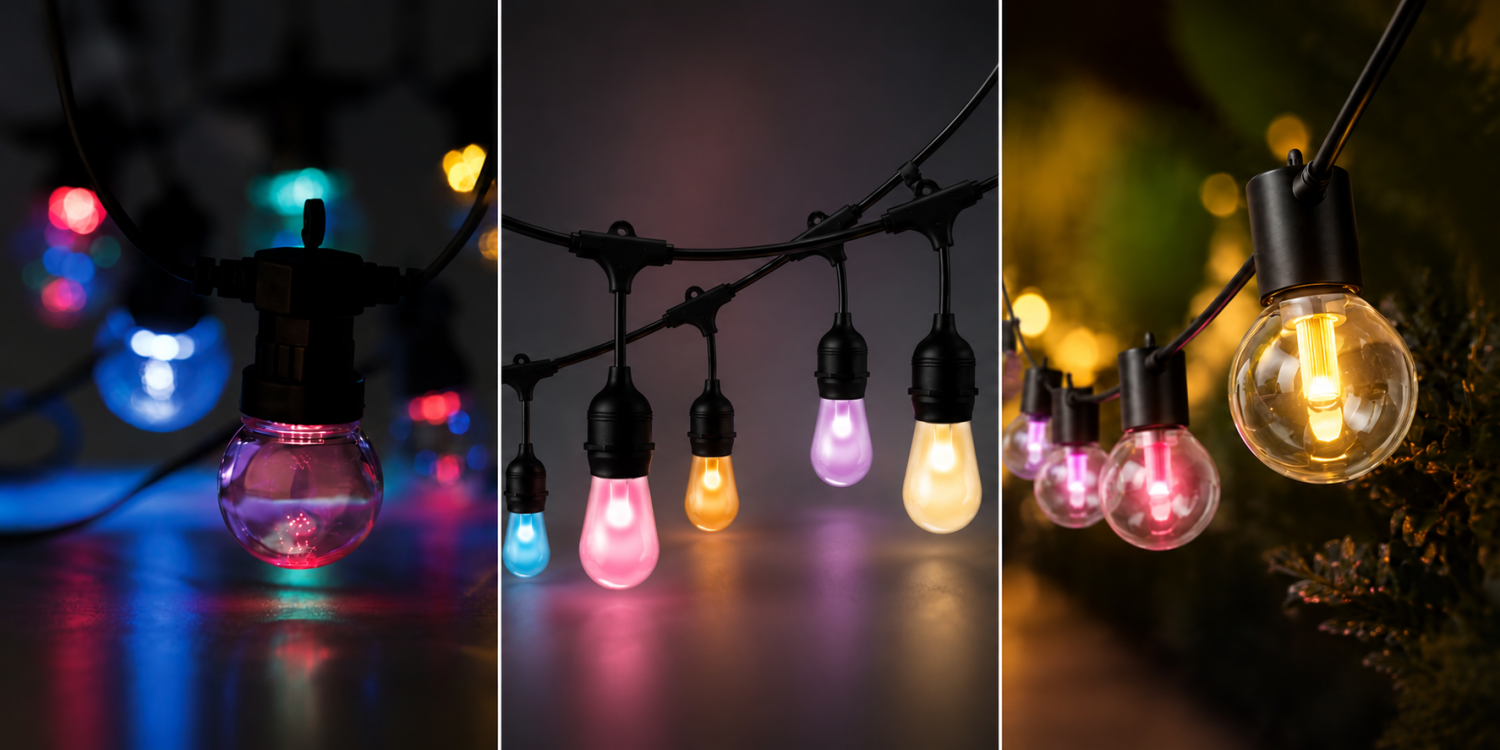 Smart RGBIC LED girlanda na moderní terase s barevnými efekty