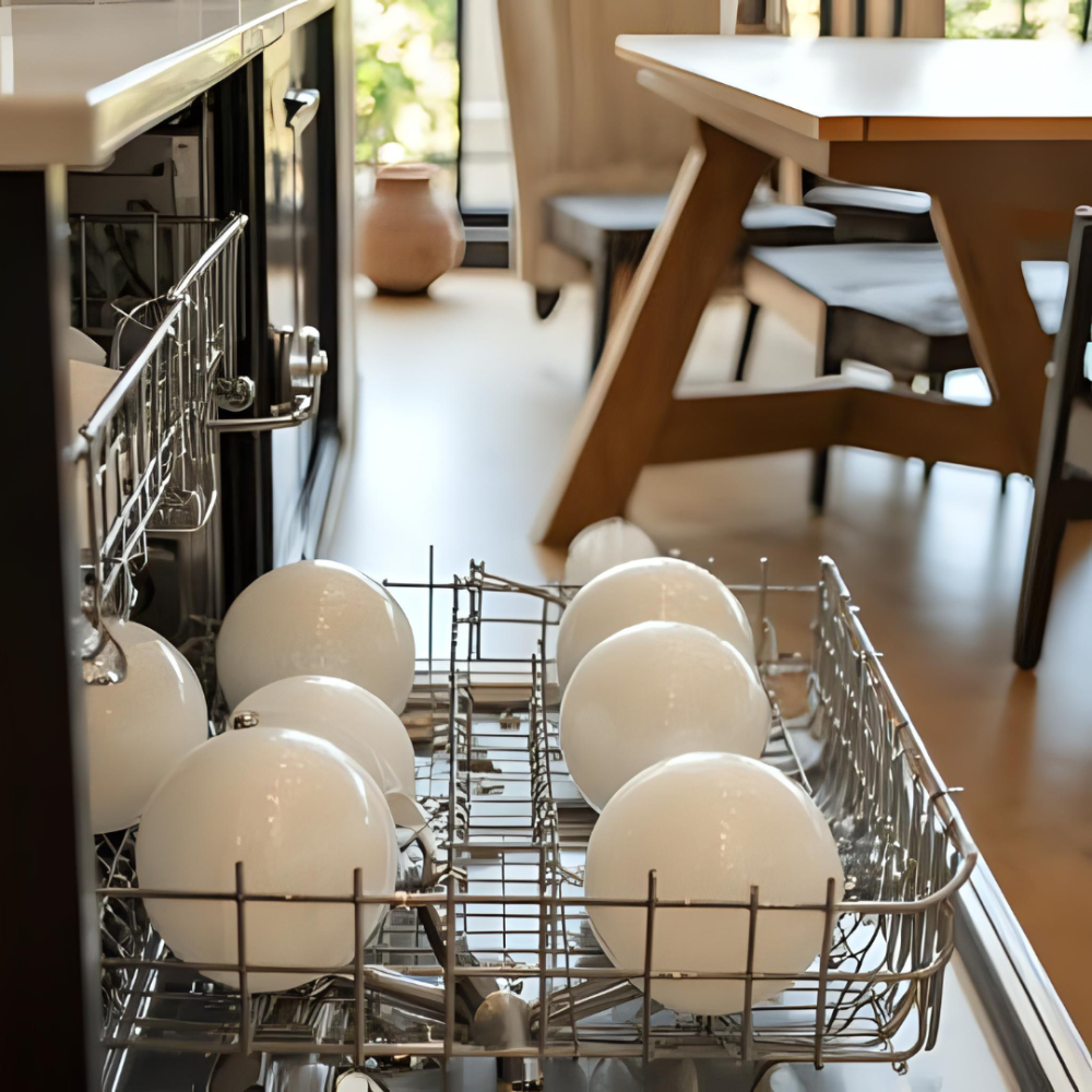 Skleněná stínidla připravená v myčce nádobí k mytí