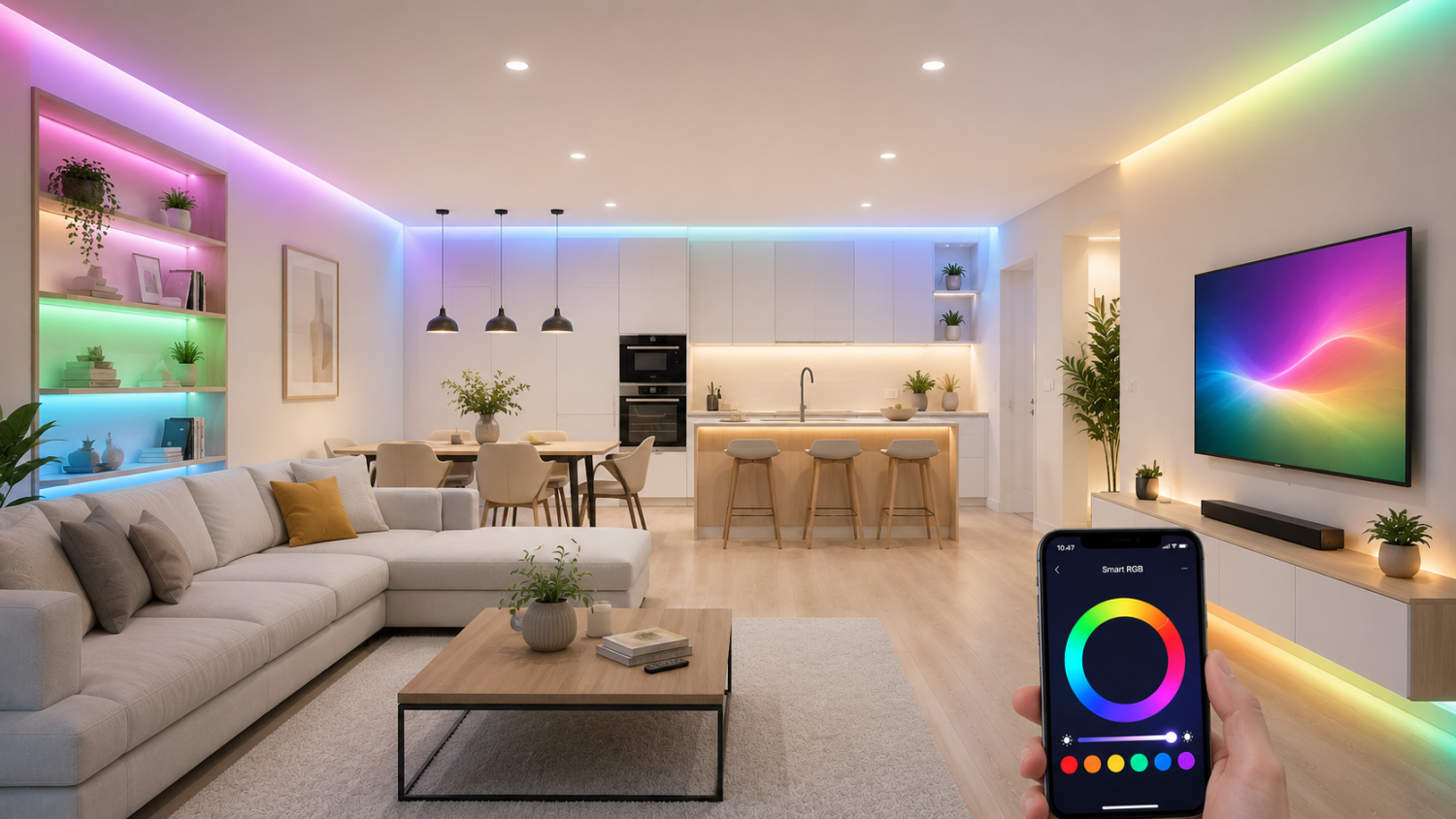 Smart RGB osvětlení s nastavitelnou barvou světla v moderním interiéru