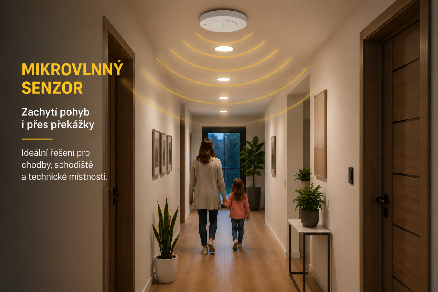 Automatické osvětlení chodby s mikrovlnným pohybovým senzorem a stropními LED svítidly