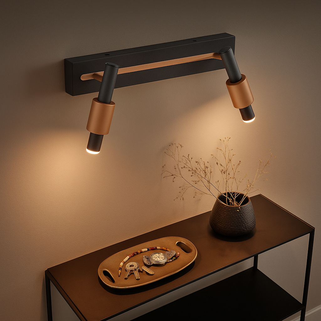 Nástěnné svítidlo Rodinka IKARIS – moderní design v kombinaci černé a měděné barvy, ideální pro stylové osvětlení interiéru