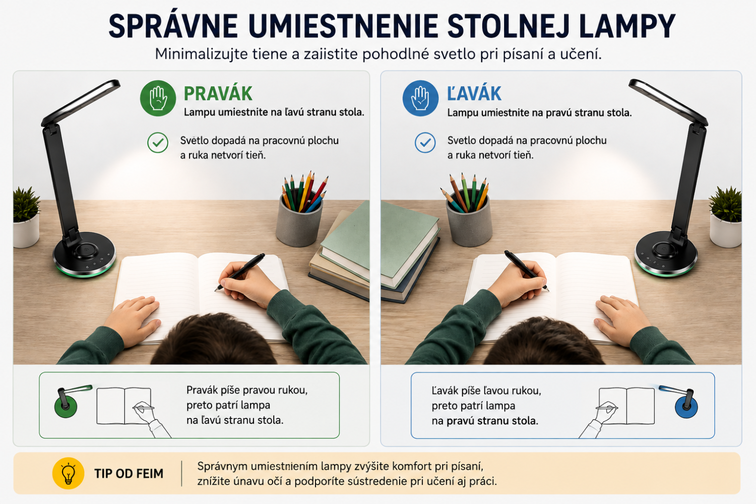 Správne umiestnenie stolnej lampy pre praváka a ľaváka