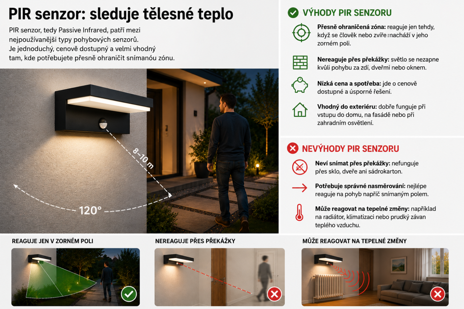 PIR pohybový senzor u rodinného domu reagující na tělesné teplo člověka ve snímané zóně
