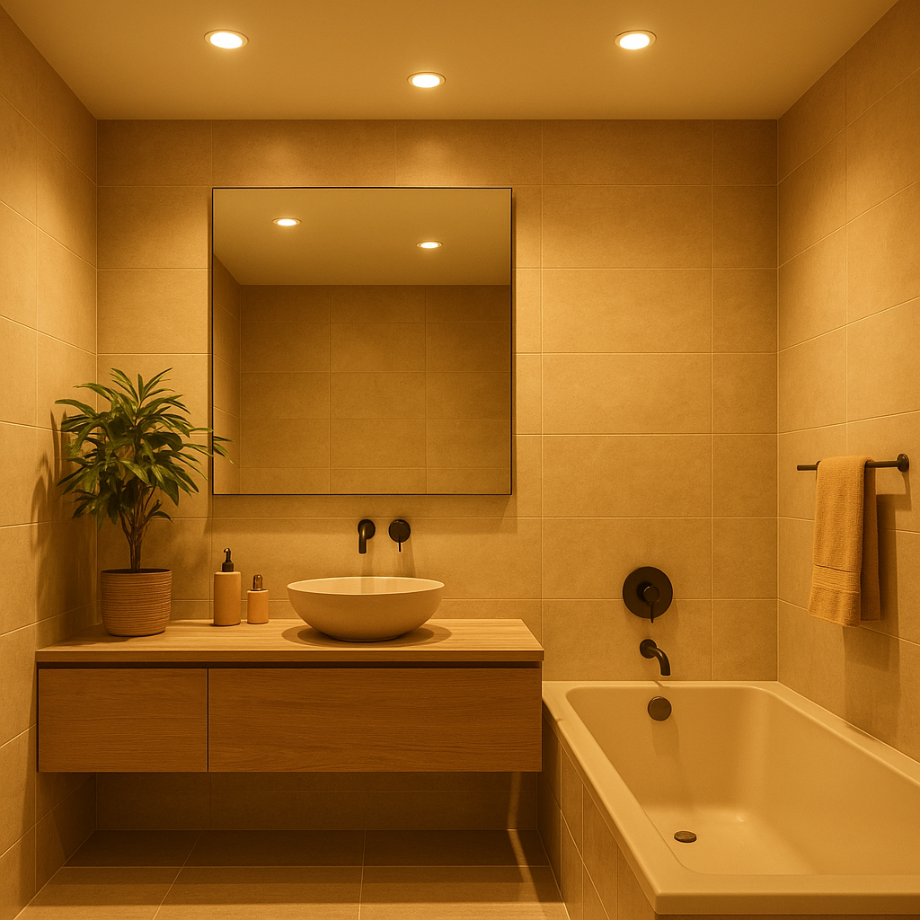 Zapuštěná bodová LED svítidla ve stropním podhledu koupelny se zrcadlem a rostlinou