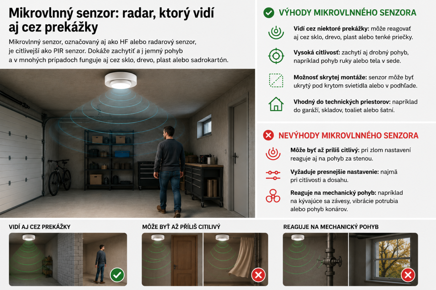Mikrovlnný radarový senzor pohybu s vysokou citlivosťou pre chodby, garáže a technické priestory