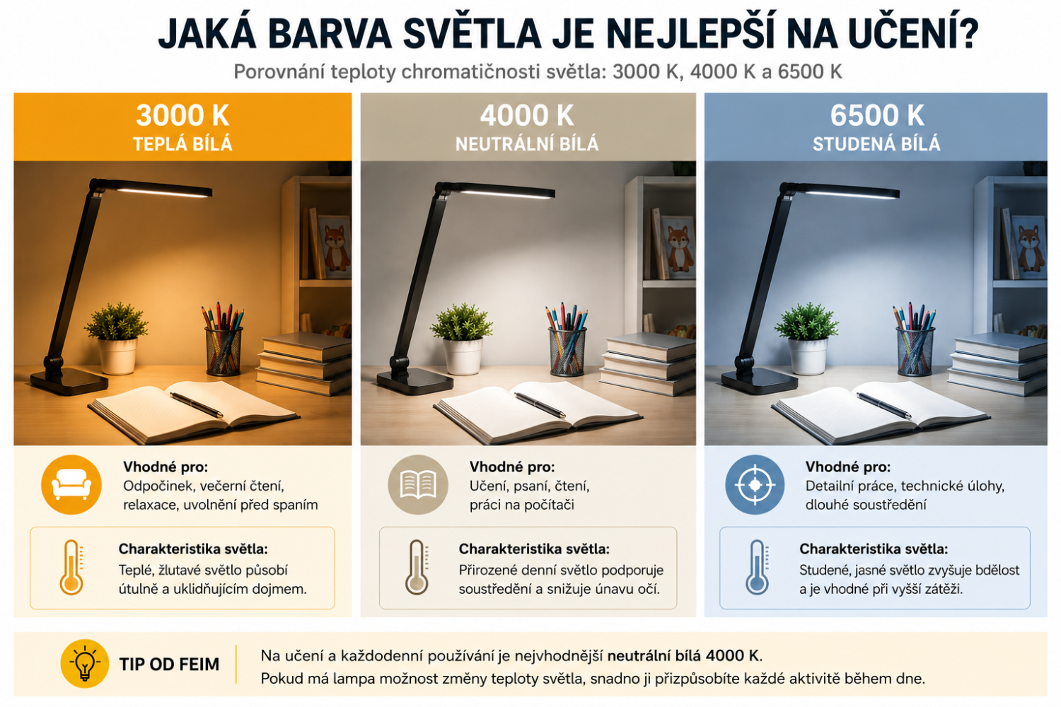 Porovnání teplé neutrální a studené bílé barvy světla 3000 K 4000 K a 6500 K