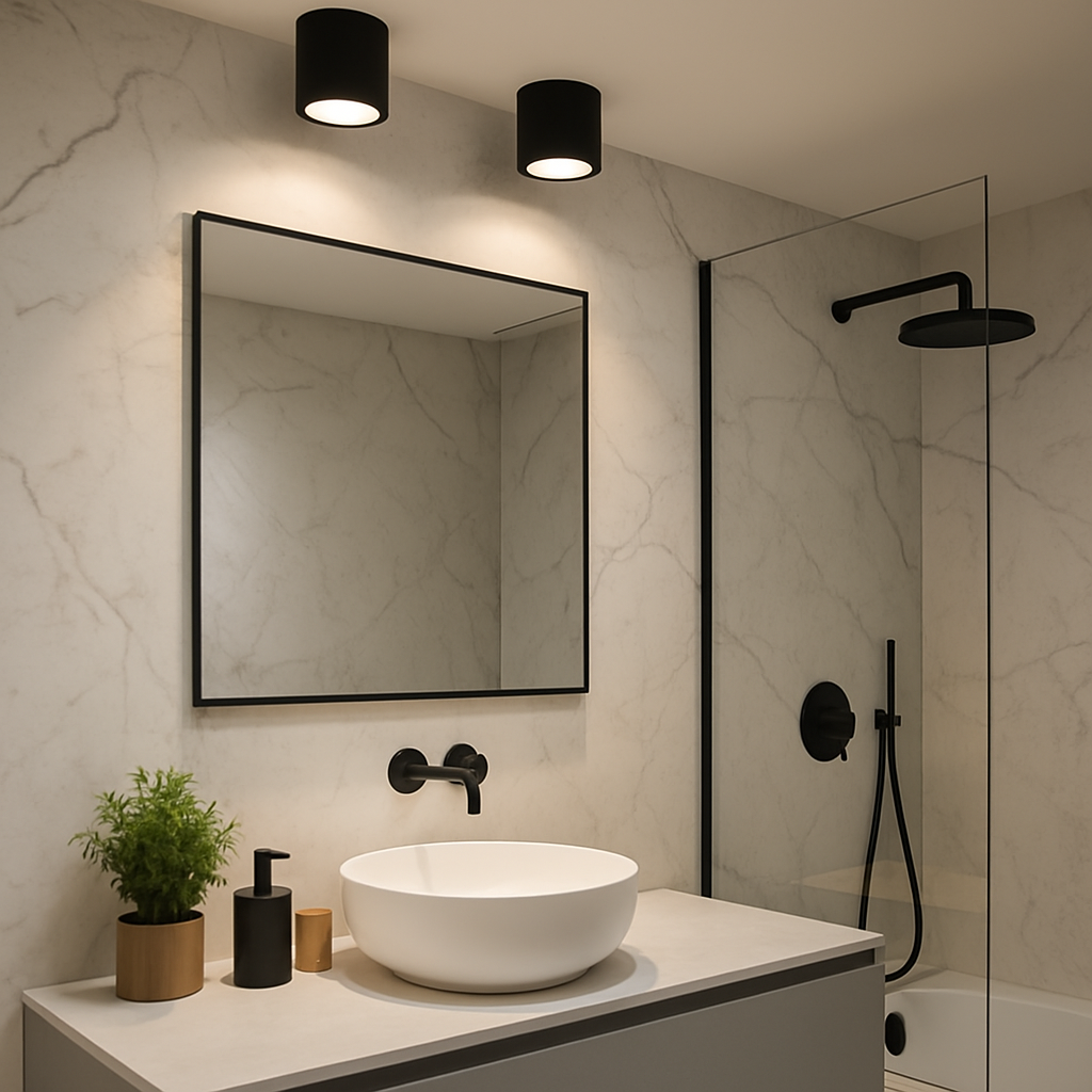 Černá povrchová bodová LED svítidla nad zrcadlem v moderní koupelně