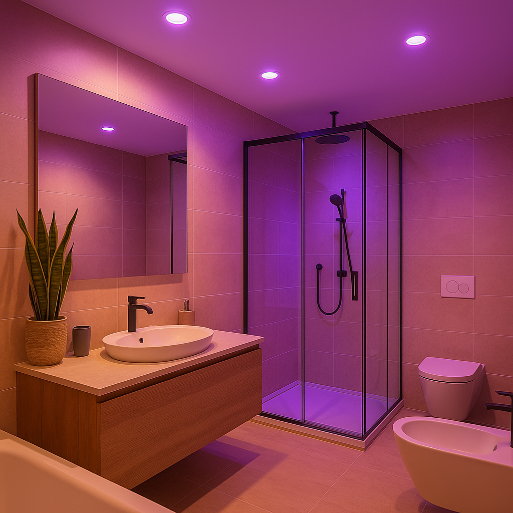 SMART LED osvětlení v koupelně s nastavitelnými barvami světla a sprchovým koutem