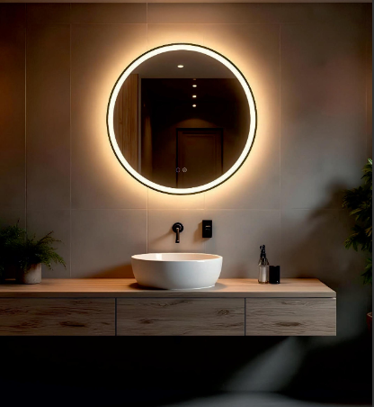 Kulaté vyhřívané zrcadlo s LED osvětlením v moderní koupelně